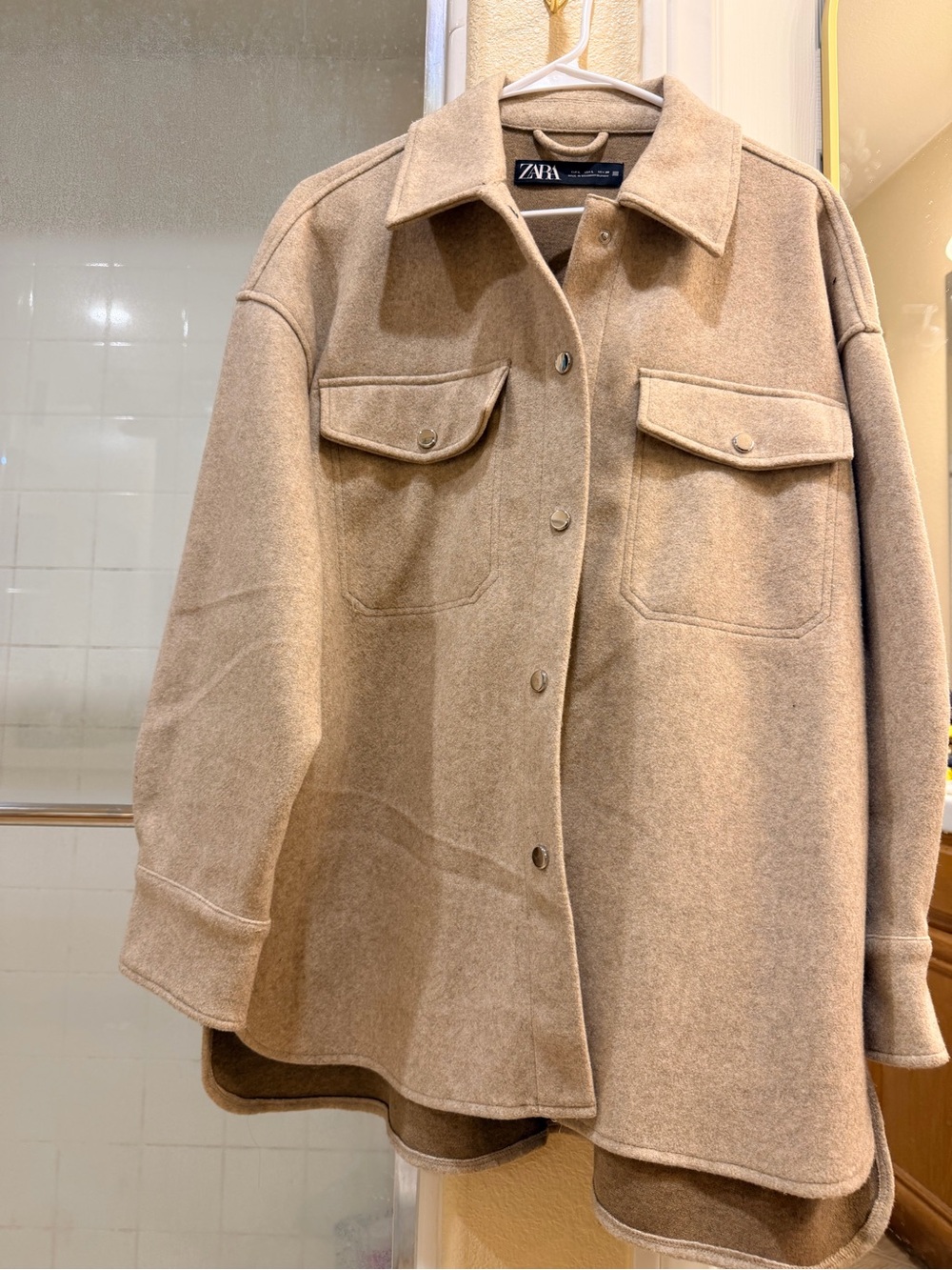 Zara Beige Oversized Wool-Blend Utility Shacket